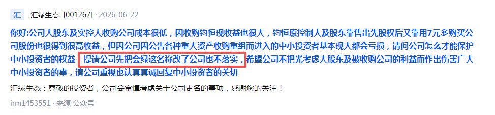 股价年内大涨184%！因名字谐音“会绿”，被股民吐槽晦气，001267最新回应：审慎考虑更名